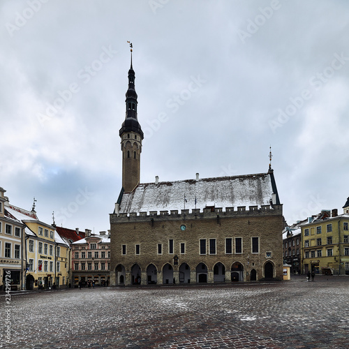 Tallinn old Town Hall and Raekoja Square in winter. 