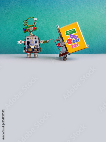 Special sale promotion poster. Comical robot moving shopping cart box with discount advertising stickers. Green gray background, copy space