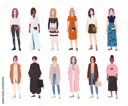 Collection of young women dressed in trendy clothes isolated on white background. Set of girls wearing stylish apparel. Bundle of street style outfits. Flat cartoon colorful vector illustration.
