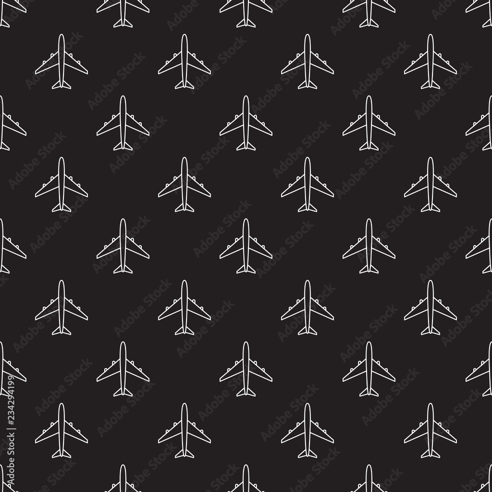 Vector seamless pattern of white outline airplanes on black back Vector seamless pattern of white outline airplanes on black back