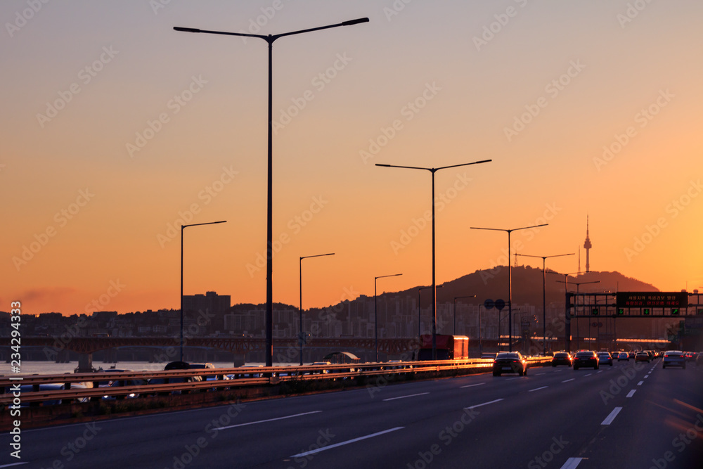 beautiful sunset on Gangbyeon Expressway in Seoul