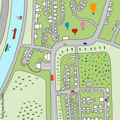 Hand drawn illustration plan of village above with air ballons green landscape and houses minimalism colored for prints posters presentation banners and blog