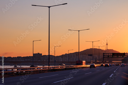 beautiful sunset on Gangbyeon Expressway in Seoul