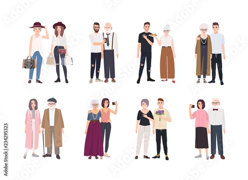 Collection of grandparents and grandchildren standing together. Set of family portraits. Bundle of cute cartoon characters isolated on white background. Colorful vector illustration in flat style.