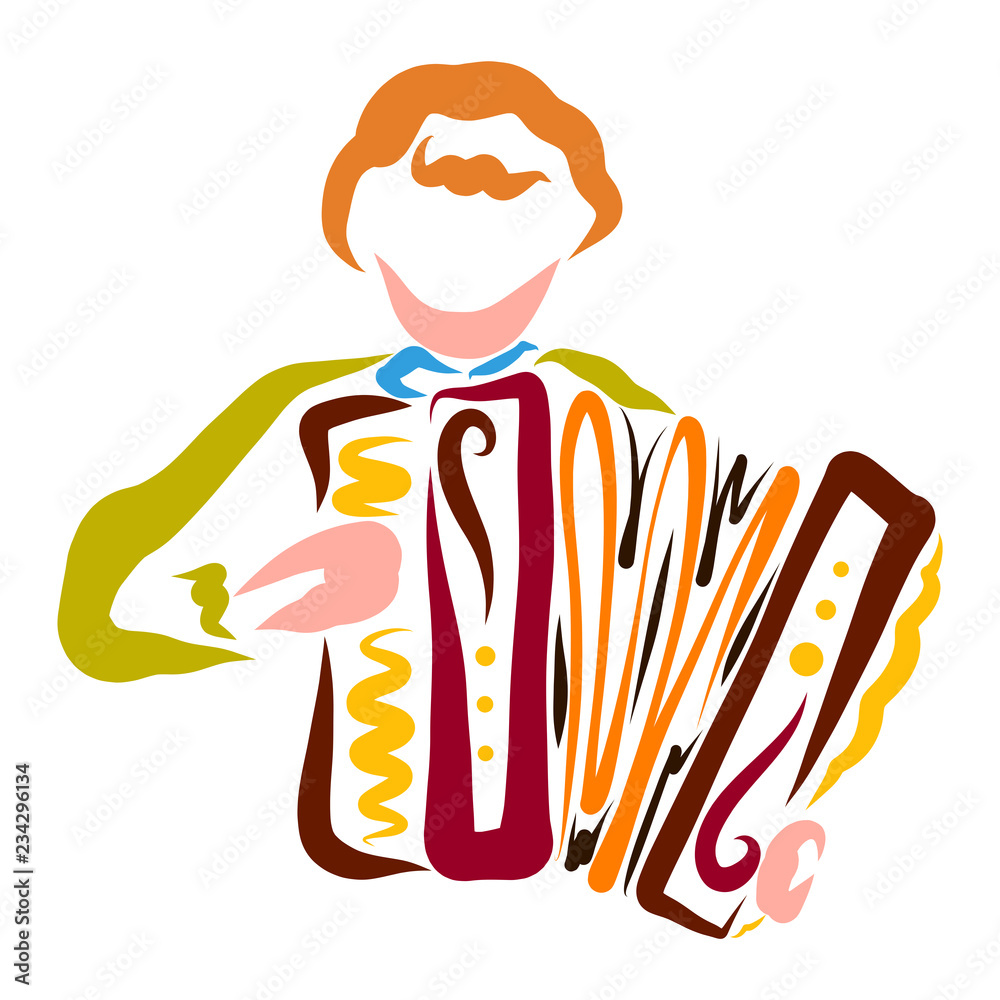 Obraz premium Young man playing the accordion, colorful pattern