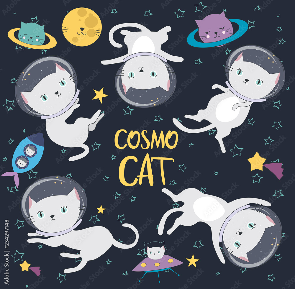 Fun cat astronaut in space. Vector cartoon charters. Editable vector  illustration. Stock Vector | Adobe Stock