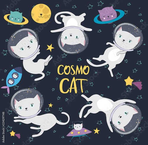 Fun cat astronaut in space. Vector cartoon charters. Editable vector illustration.