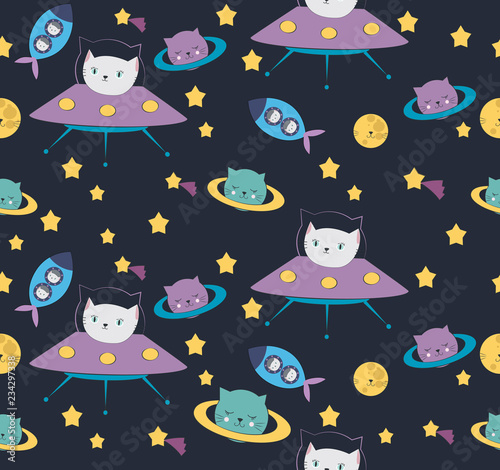 Fun cat astronaut in space seamless pattern. Vector cartoon charters. Editable vector illustration.