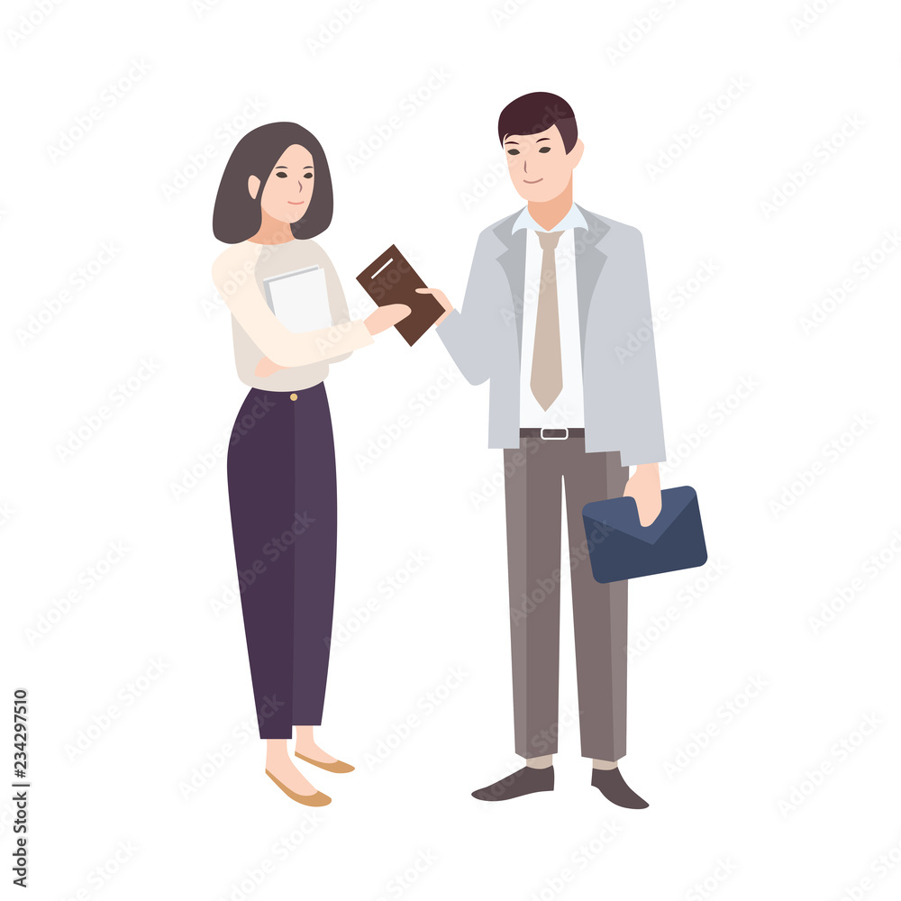 Smiling man giving notepad to woman. Pair of office workers, managers, colleagues or business partners isolated on white background. Colorful vector illustration in modern flat cartoon style. Smiling man giving notepad to woman. Pair of office workers, managers, colleagues or business partners isolated on white background. Colorful vector illustration in modern flat cartoon style.