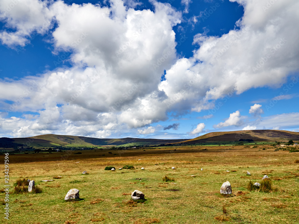 Gors Fawr Stone Circle Preseli Hills. Thought to be Bronze Age the near perfect circle comprises 16 stones 22 metres in diameter. There was an avenue that leads to two much larger outlying stones. Gors Fawr Stone Circle Preseli Hills. Thought to be Bronze Age the near perfect circle comprises 16 stones 22 metres in diameter. There was an avenue that leads to two much larger outlying stones.