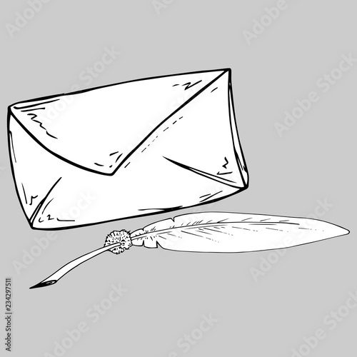 Sealed envelope with a letter and a pen. Vector illustration of a feather with an envelope.