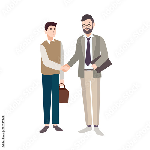 Old and young men, office workers or boss and employee shaking hands isolated on white background. Business deal, agreement, partnership or cooperation. Vector illustration in flat cartoon style.