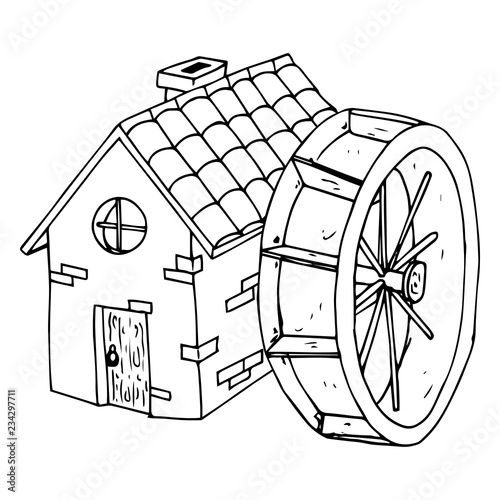 Water Mill. House with a tiled roof. House with wooden door and the round window. Vector illustration.