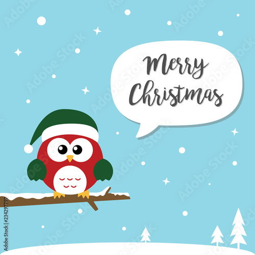Merry Christmas and Happy New Year card. Cute Christmas Owls sitting on the branch wearing Santa Claus s hat Flat design.