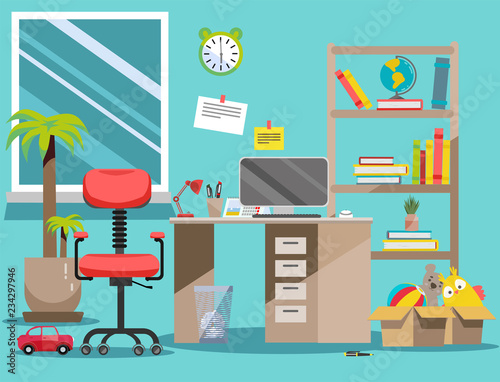 Interior nursery. Boy's room with table, computer, bookshelf,toys in boxes. Flat cartoon vector illustration.Cozy interior of children's room with toys, furniture, window. Teenager room with workplace