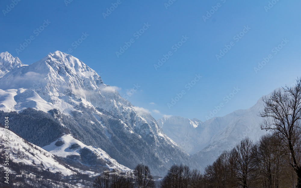 Near Balnea Spa in the French Pyrenees, a snow covered peak rises above the surrounding trees