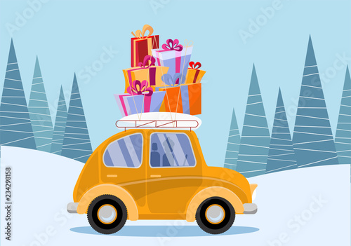 Flat vector cartoon illustration of retro car with presents, christmas tree on roof. Little yellow car carrying gift boxes. Vehicle car side view. Winter snowy forest .Flat cartoon style illustration.