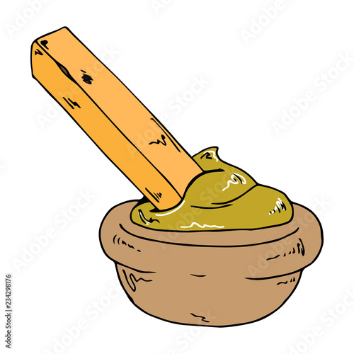 French fries with sauce. Potato from fast food. Fried potatoes are dipped in mustard. Vector illustration.