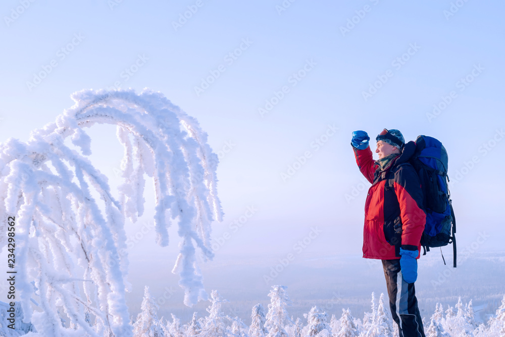 Traveler with backpack and poles for nordic walking standing in a frosty winter landscape near a beautiful cliff and looks against the bright sun