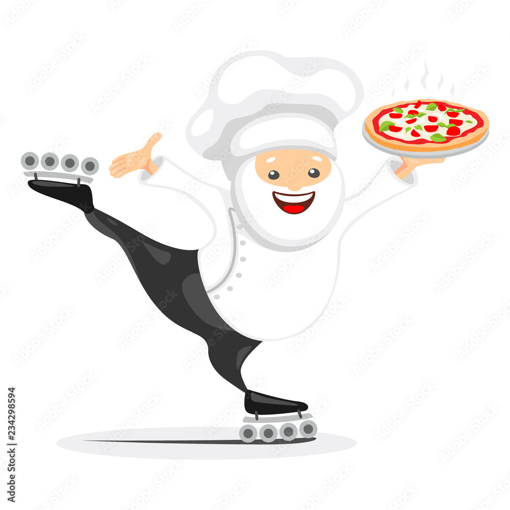 Concept of fast delivery. Chef serving pizza on roller skates. Vector  illustration in cartoon style. Stock Vector | Adobe Stock