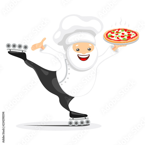 Concept of fast delivery. Chef serving pizza on roller skates. Vector illustration in cartoon style.