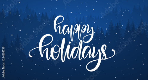 Vector illustration: Handwritten elegant calligraphic brush lettering of Happy Holidays on blue forest background photo