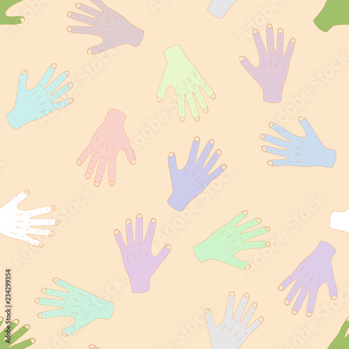 Palm hand seamless pattern. Vector illustration of colored palm hand seamless pattern. Hand drawn colored hand prints.
