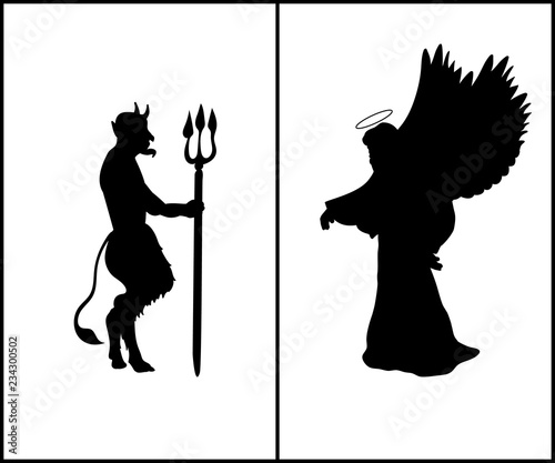 Religion silhouette angel and devil struggle between good and evil. Vector illustration