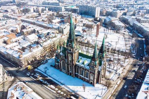 bird's eye view on old european church in winter day