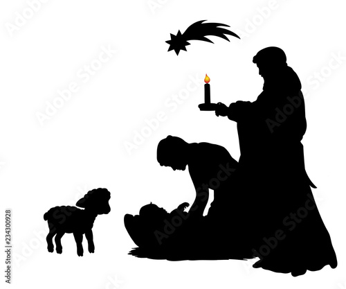 Silhouette Christmas family father Joseph mom Maria with baby Jesus and lamb.  Vector illustration