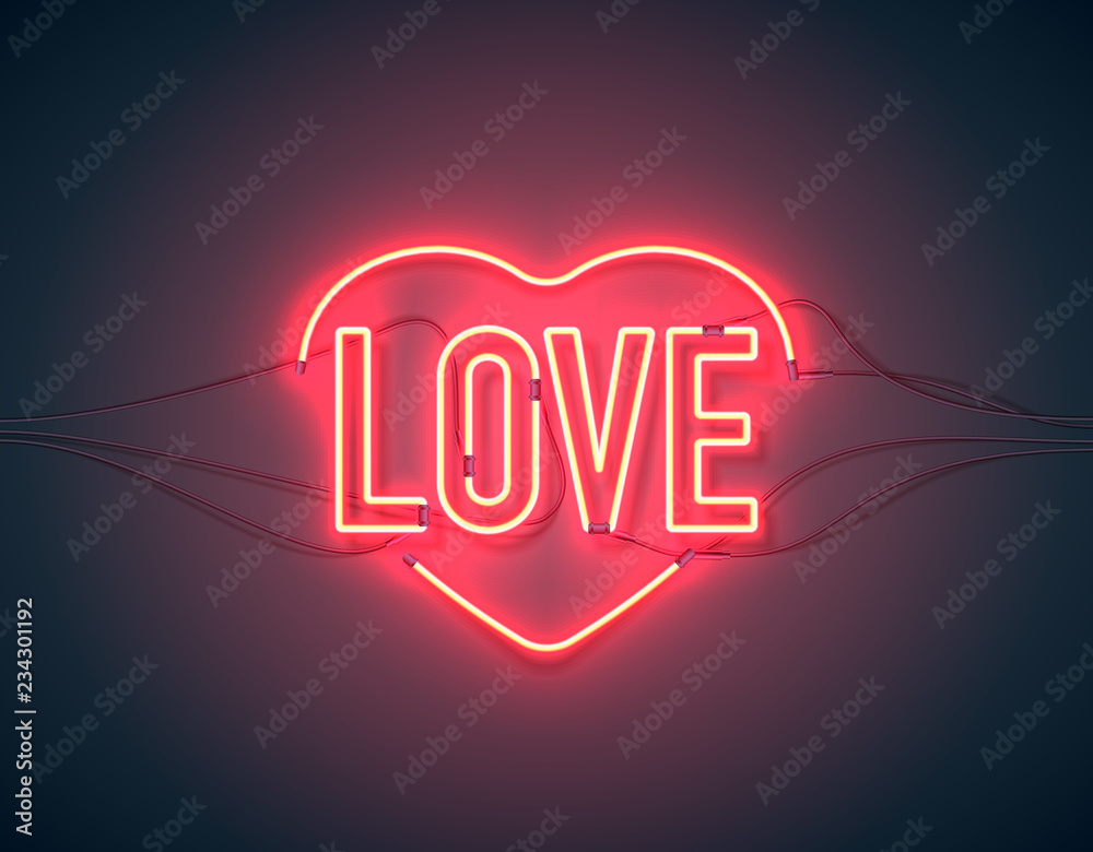 Bright Heart. Retro Neon Heart Sign On Purple Background With Word Love And  Blue Heart. Design Element For Happy Valentine's Day. Ready For Your  Design, Greeting Card, Banner. Vector Illustration. Royalty Free