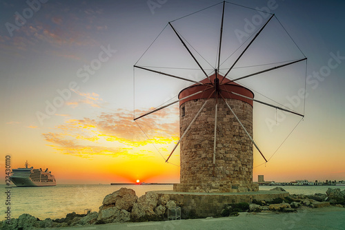 Rhodes Windmill and Cruise Ship at Sunrise