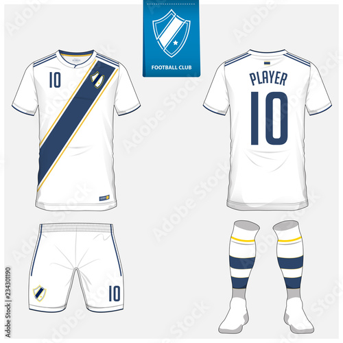 Soccer jersey or football kit, shorts, sock, template design for soccer club. Sport t-shirt mock up. Front and back view soccer uniform. Flat football logo design on blue label. Vector Illustration.