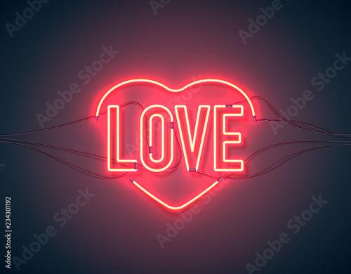 Bright heart. Neon sign. Retro neon heart sign on purple background with word Love. Design element for Happy Valentine's Day. Ready for your design, greeting card, banner. Vector illustration.