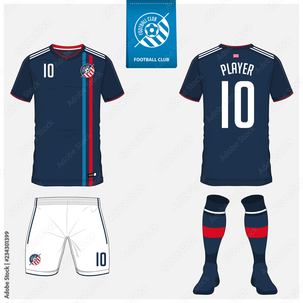 Fototapeta premium Soccer jersey or football kit, shorts, sock, template design for soccer club. Sport t-shirt mock up. Front and back view soccer uniform. Flat football logo design on blue label. Vector Illustration.