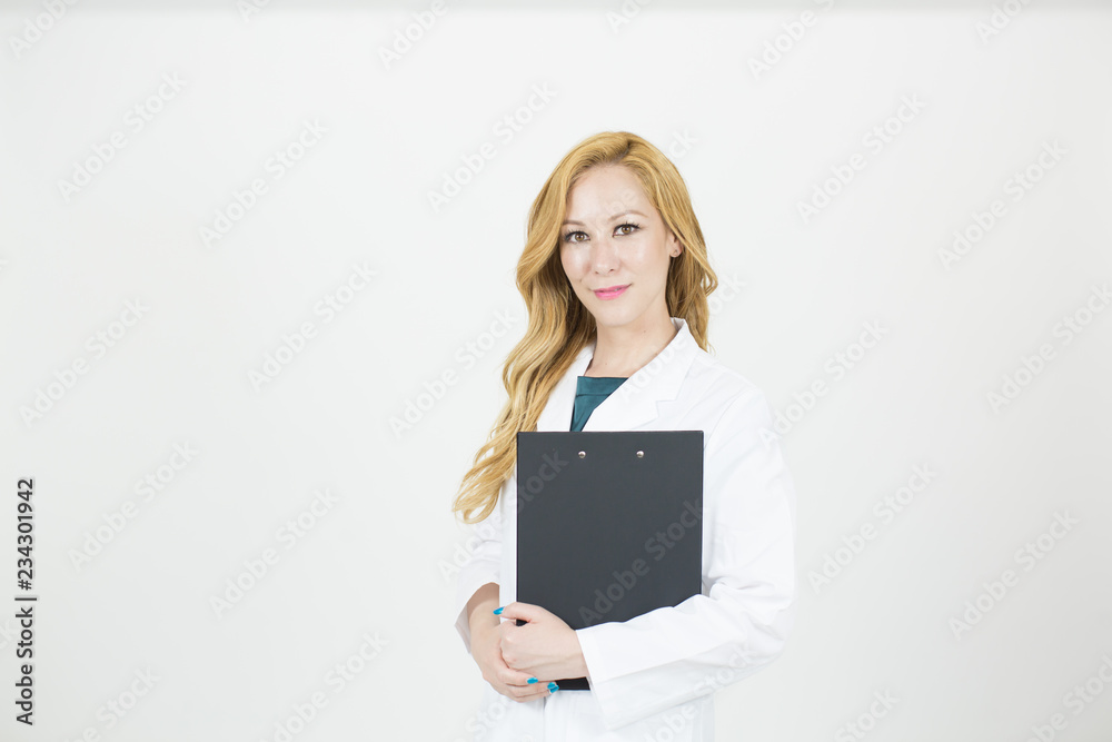 Naklejka premium Medical Healthcare Professional Holding Clipboard. Female Doctor Isolated in Uniform. Portrait of a Nurse. Researcher in Science and Biotechnology. Specialist in Medical Health Care Career Training.