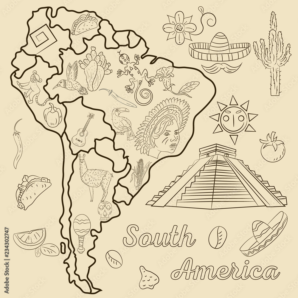 Fototapeta premium contour drawing coloring on the theme of South America, the continent depicts plants, animals, people living in South America