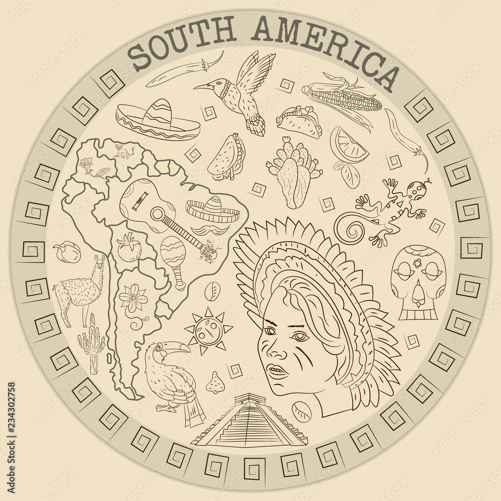 contour drawing_3_coloring on the theme of South America, animals, people, buildings, plants, holidays, map of the continent, circular ornament contour drawing_3_coloring on the theme of South America, animals, people, buildings, plants, holidays, map of the continent, circular ornament