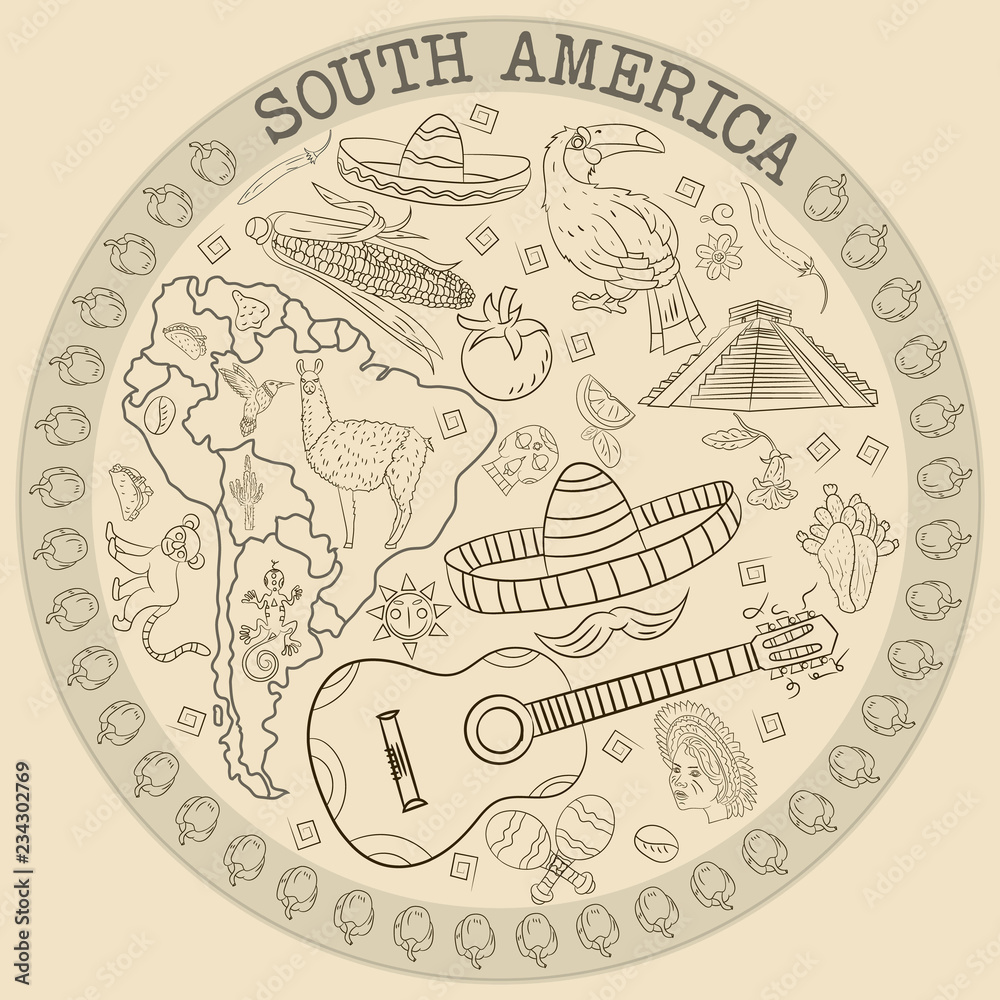 Obraz premium contour drawing_6_coloring on the theme of South America, animals, people, buildings, plants, holidays, map of the continent, circular ornament