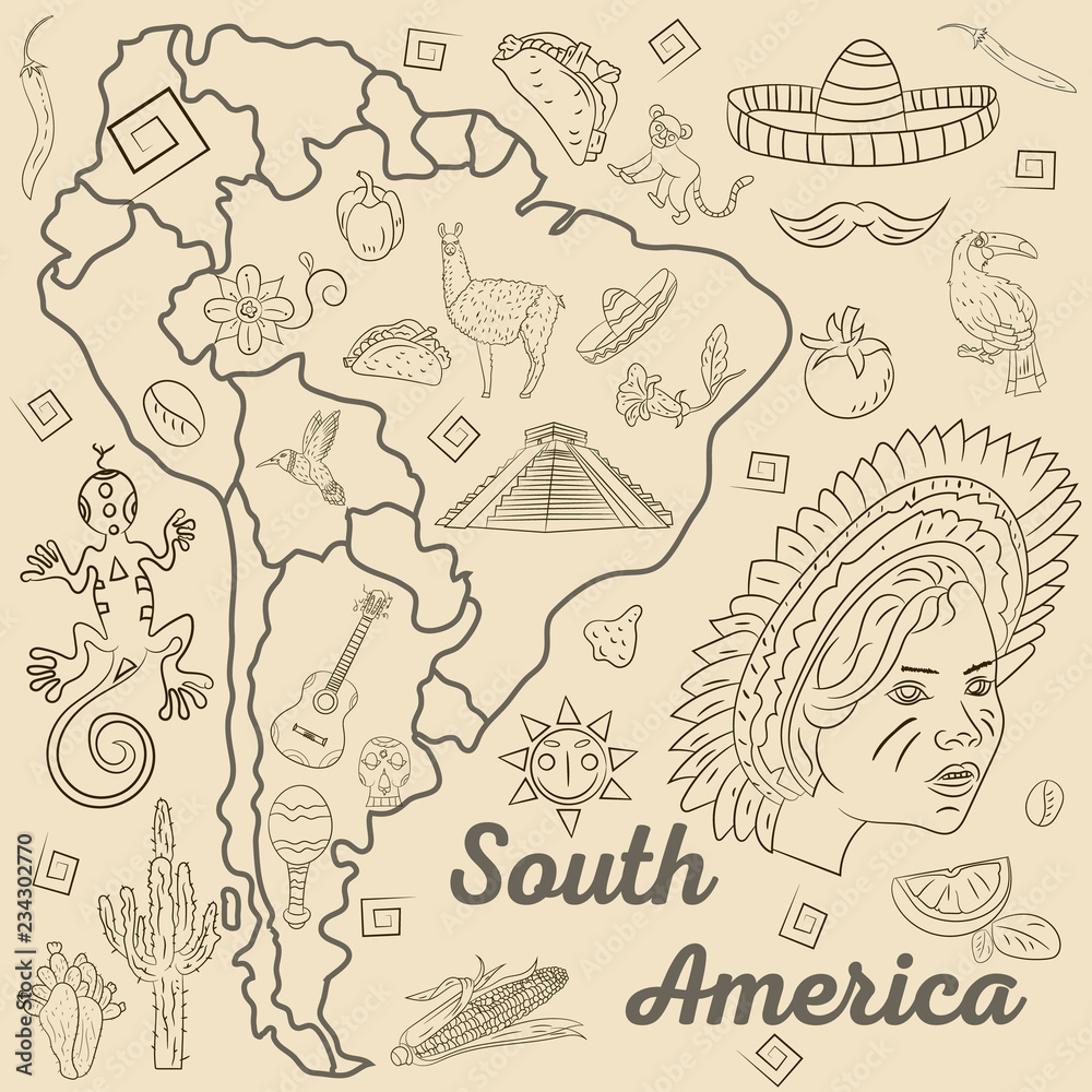 contour_1_drawing coloring on the theme of South America, the continent depicts plants, animals, people living in South America