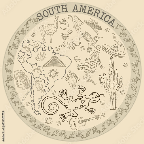 contour drawing_5_coloring on the theme of South America  animals  people  buildings  plants  holidays  map of the continent  circular ornament
