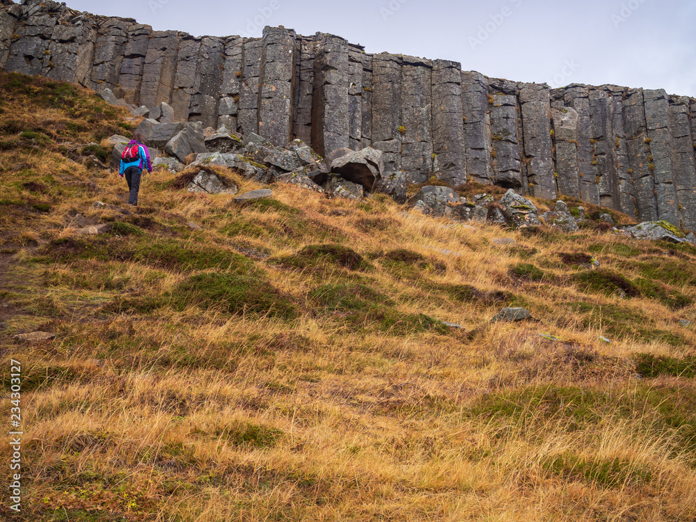 Tourist girl walking near Gerduberg basalt columns, Iceland