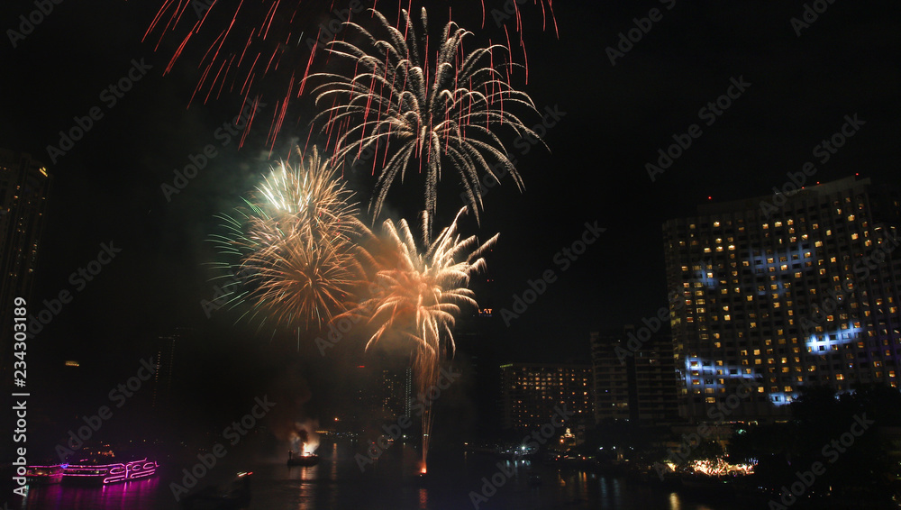 Fire work over Chao Praya River, Bangkok, Thailand Fire work over Chao Praya River, Bangkok, Thailand