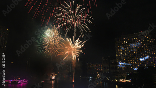 Fire work over Chao Praya River, Bangkok, Thailand