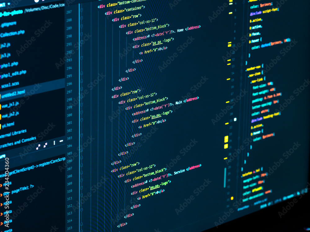 Coding html and css in IDE, macro. Web development. Software source ...