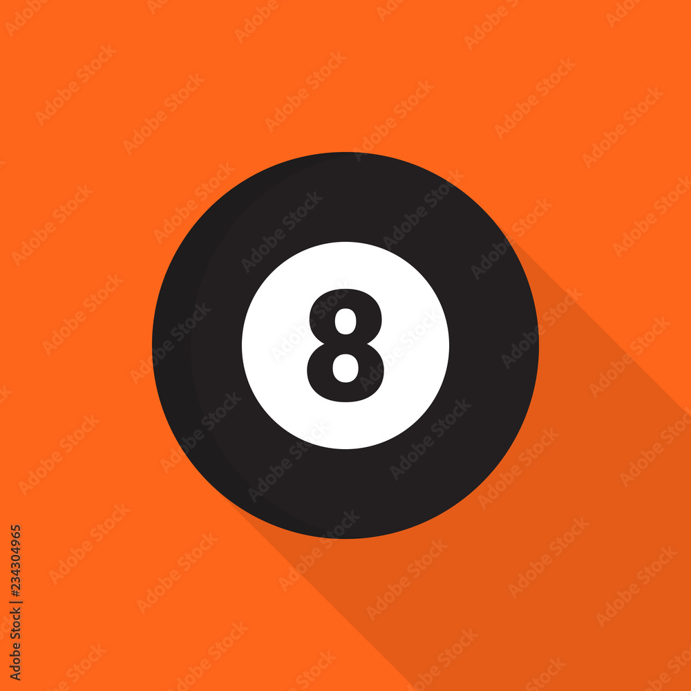 Billiard ball icon with long shadow on orange background, flat design style Billiard ball icon with long shadow on orange background, flat design style
