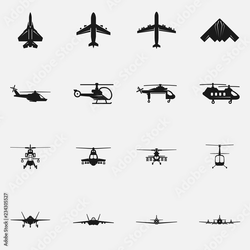 Set of military aircraft flat vector icons.