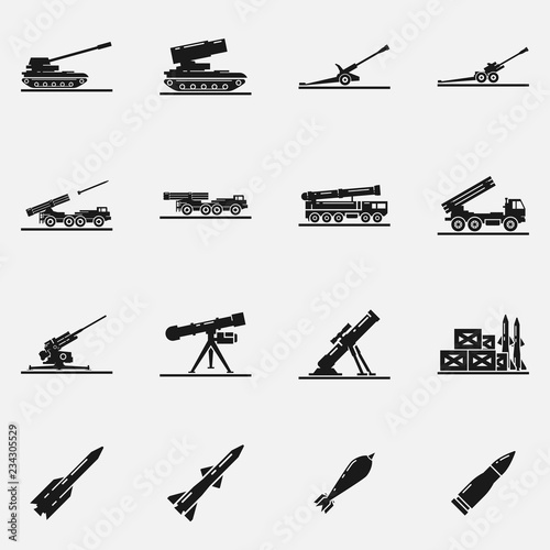 Set of artillery flat vector icons. Includes such elements as multiple launch rocket systems, mortar, howitzer, missiles, bombs and other military equipment. photo