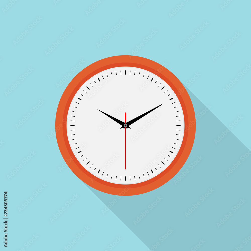 Clock icon with long shadow on blue background, flat design style