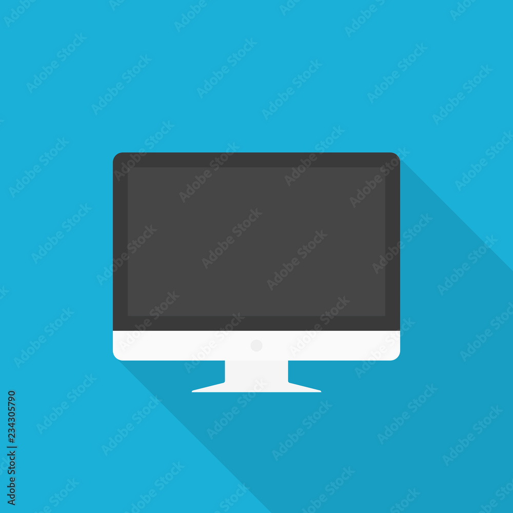 Computer monitor display icon with long shadow on blue background, flat design style Computer monitor display icon with long shadow on blue background, flat design style